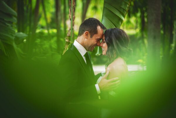A bride and groom hugging in the jungle.