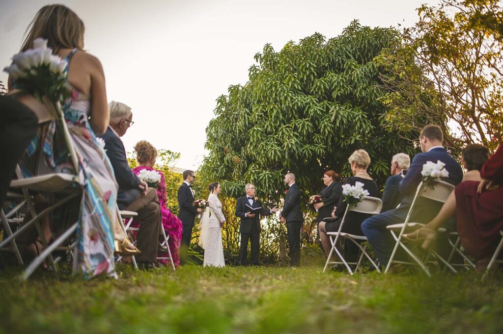 A wedding ceremony takes place outdoors with guests seated on either side, facing a couple and officiant standing under a large tree.
